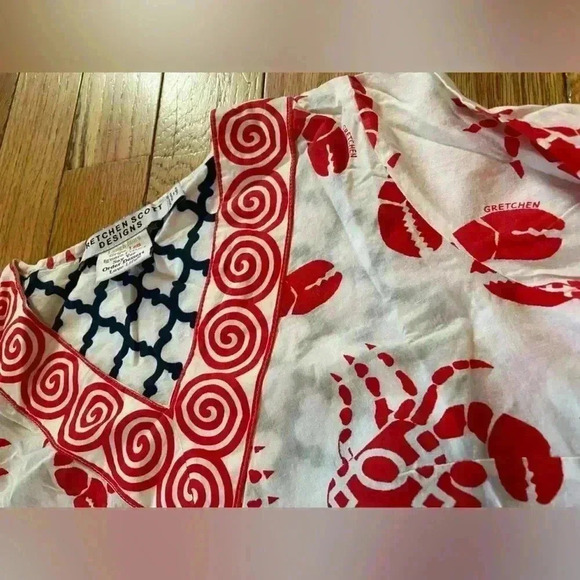 Gretchen Scott Tunic Top Womens Size XS 3/4 Sleeves Crab Print Red/White V Neck - Picture 3 of 10